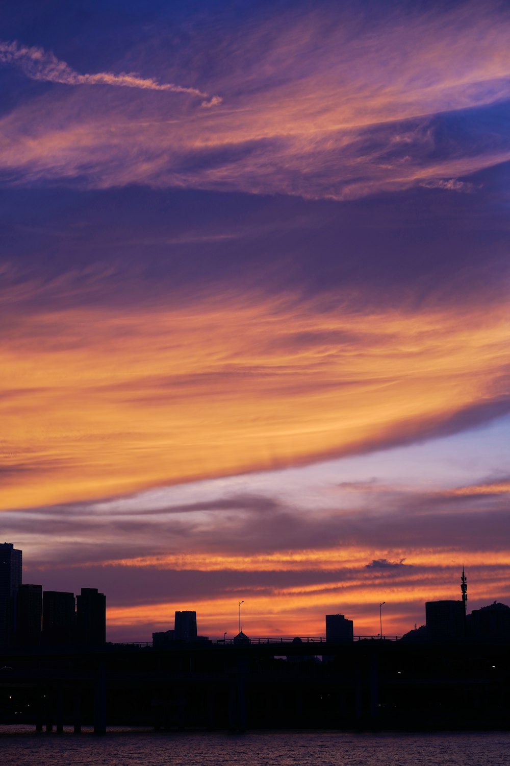 a sunset view of a city and a body of water