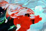 An abstract portrait blending warm reds and cool greens with dynamic brushwork.