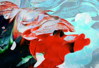 An abstract portrait blending warm reds and cool greens with dynamic brushwork.