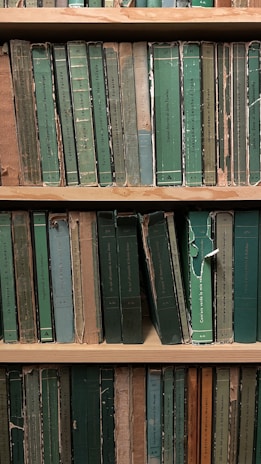 A shelf filled with a collection of worn and aged books, most of which have green and beige spines. The covers are tattered and frayed, suggesting significant age and use. The titles are printed in various languages, and the books are arranged vertically.