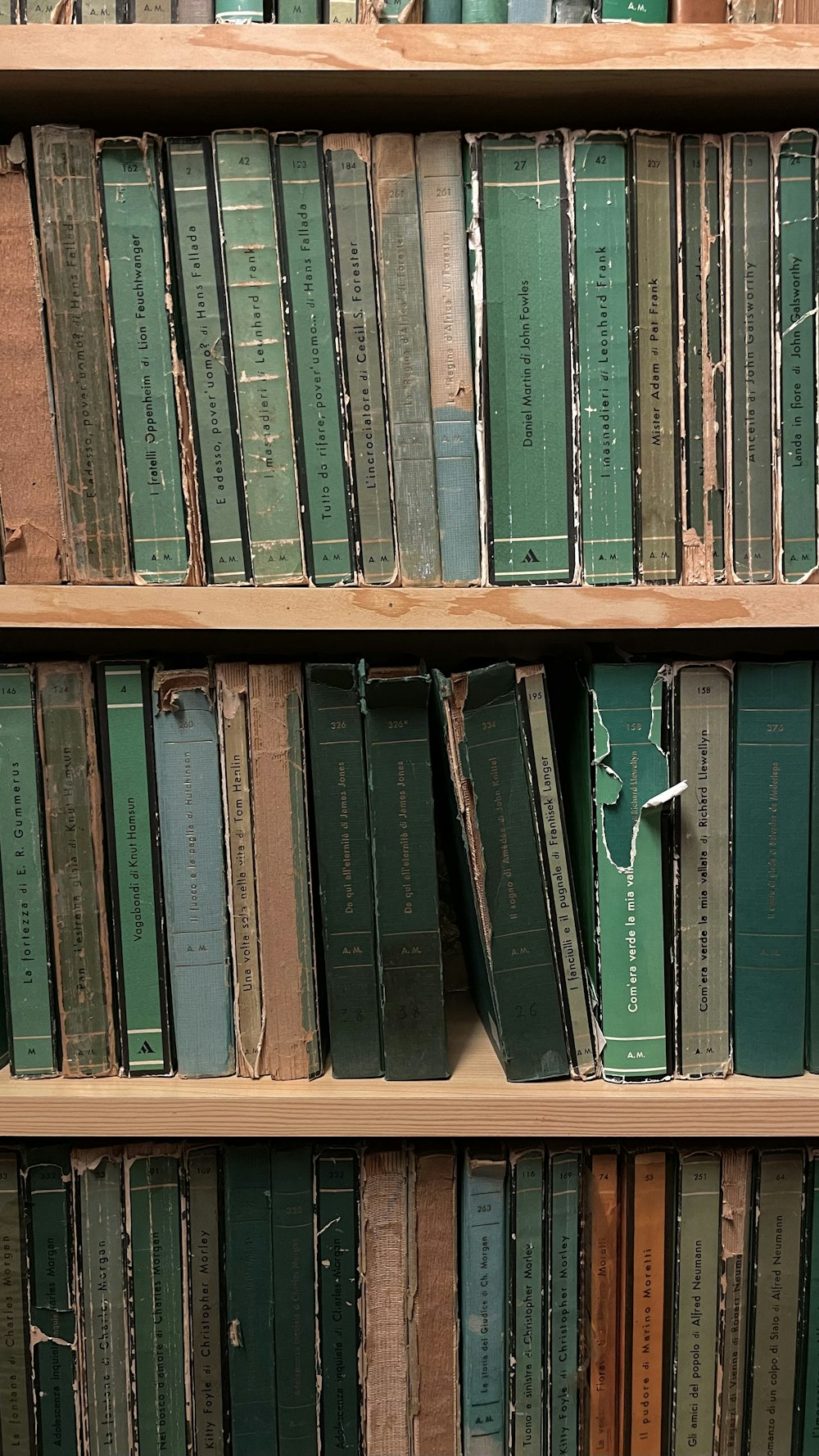 a bookshelf filled with lots of green books