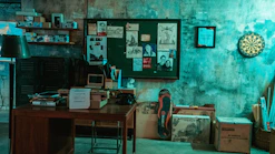 A vintage-style detective’s desk with case files, a magnifying glass, and old newspaper clippings spread out under warm light.
