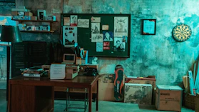 A vintage-style detective’s desk with case files, a magnifying glass, and old newspaper clippings spread out under warm light.