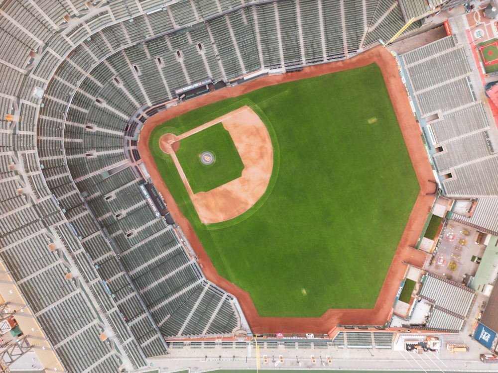 an aerial view of a baseball field in a stadium