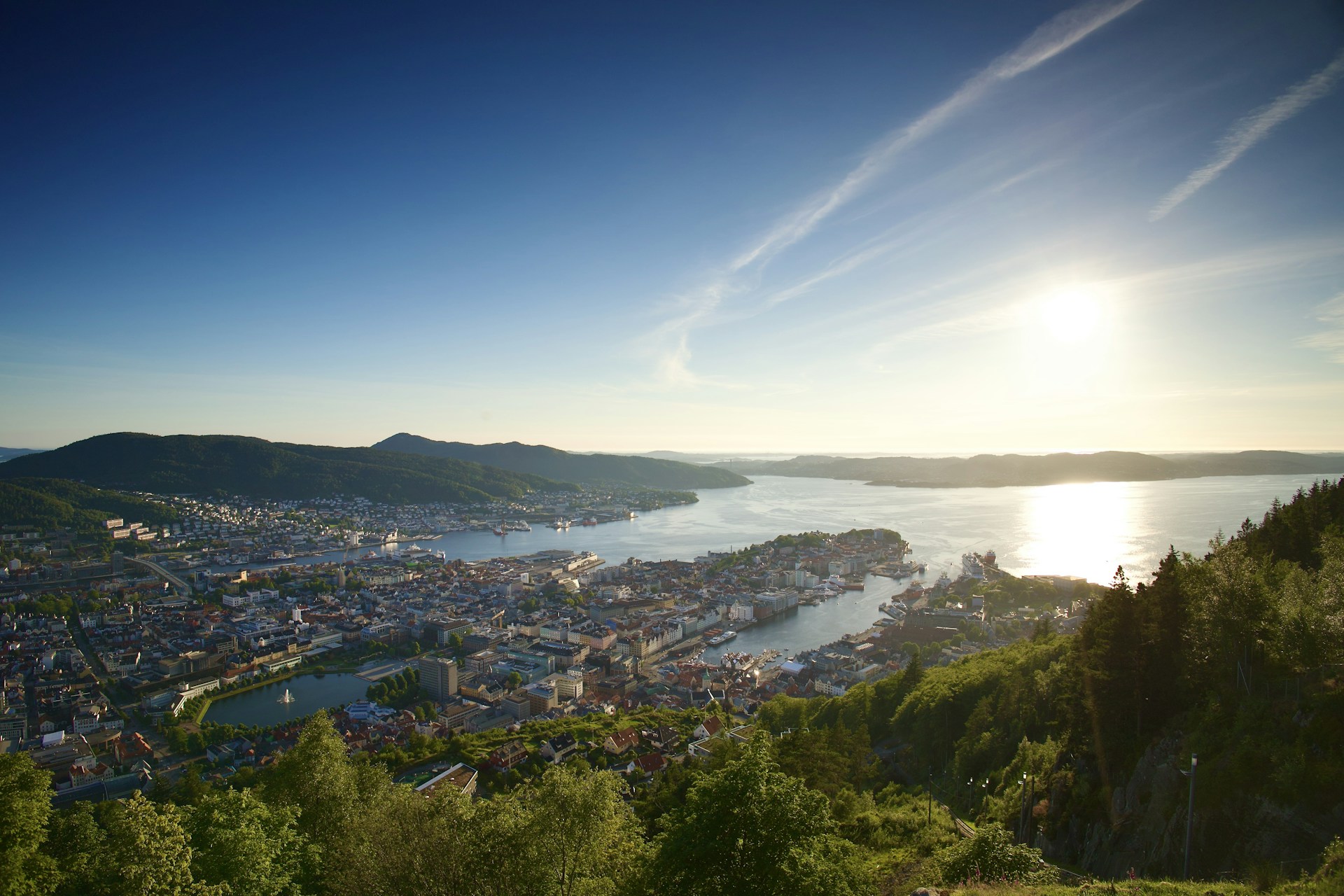 a view of a city and a lake from a hill
