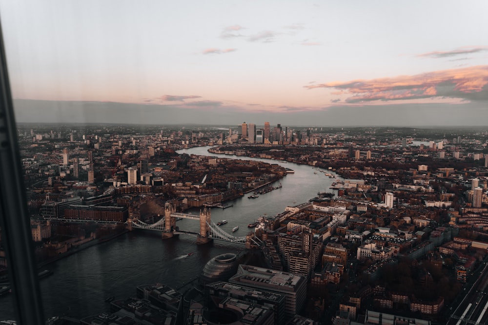 an aerial view of a city and a river