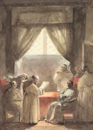 A warm, inviting scene of a volunteer sharing a spiritual reading with elderly residents in a cozy common room.