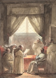 A group of six individuals, possibly monks, gather in a dimly lit room with a large window covered by drapes. The central figure, seated, appears to be listening as another reads from a book. The others stand or lean, engaged in the scene.