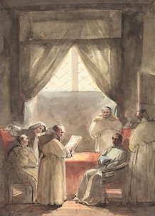 A group of six individuals, possibly monks, gather in a dimly lit room with a large window covered by drapes. The central figure, seated, appears to be listening as another reads from a book. The others stand or lean, engaged in the scene.
