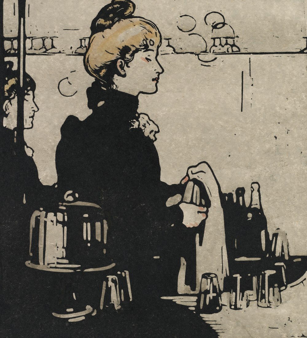 a drawing of a woman sitting at a table