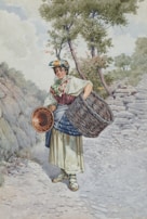 A person wearing traditional clothing stands on a rocky path. They hold a large empty basket and a smaller rounded container. The path is surrounded by trees with green foliage, creating a serene and rustic outdoor setting.