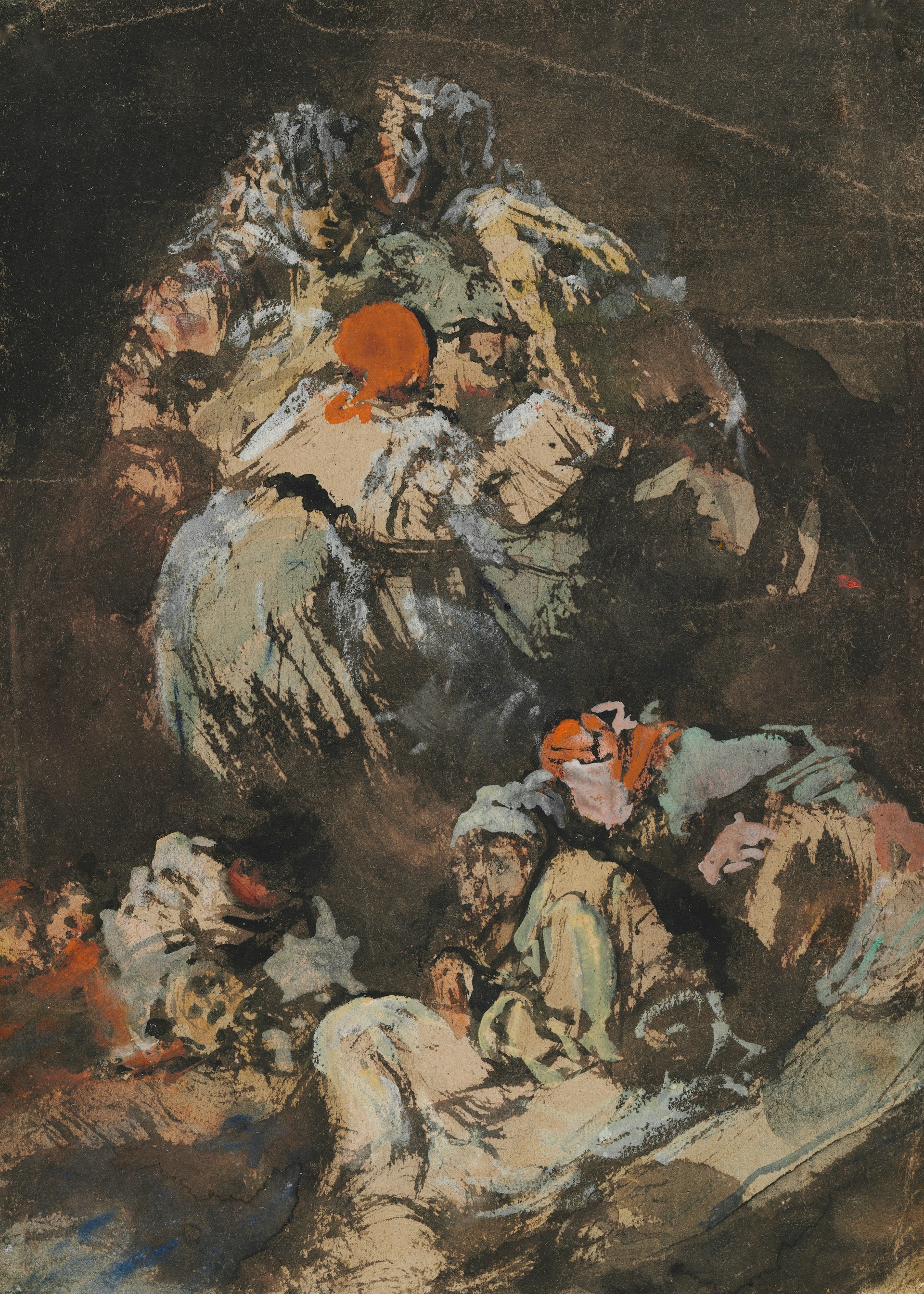 a painting of a group of people sitting together