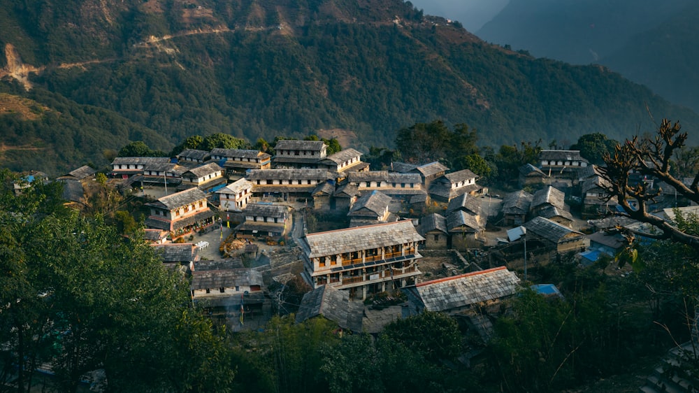 an aerial view of a village in the mountains