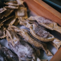 A close-up of neatly arranged uncooked pasta on a surface. The pasta appears homemade, with a dusting of flour and a rustic, artisanal appearance. The pasta shapes include folded and twisted forms with visible specks in the dough.