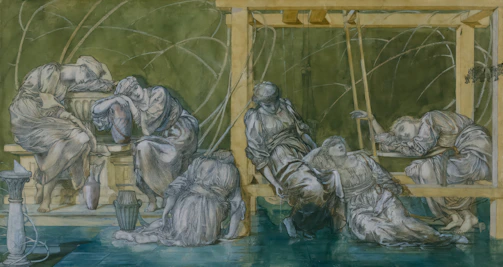 Several figures in flowing robes rest in a tranquil, drowsy state, surrounded by a serene, green-toned environment. The composition features delicate lines and soft textures, invoking a sense of calm and contemplation. The figures appear to be in a lush, natural setting with elements suggestive of classical mythology or spirituality.