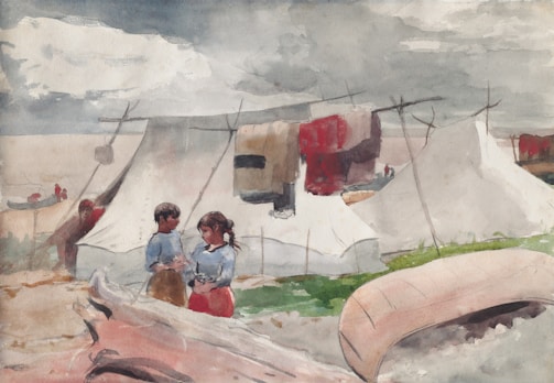 A watercolor painting depicts two children with dark hair talking in front of a series of white canvas tents. The children are dressed in blue and red garments. The scene includes laundry hanging on a line and a cloudy sky above, conveying a rustic outdoor setting.