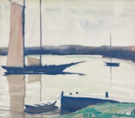 A watercolor painting depicting a serene scene of sailboats on calm water, with a low horizon showcasing distant land and a soft, cloudy sky. The gentle reflections of the boats create a harmonious balance within the composition.
