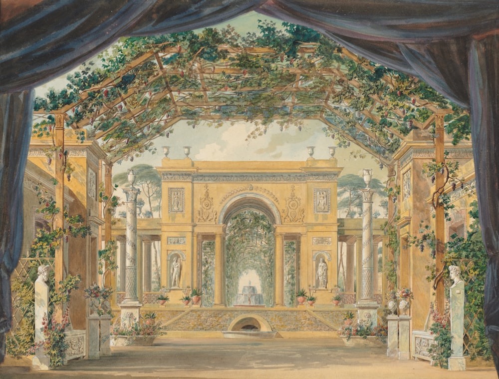 a painting of a building with a fountain