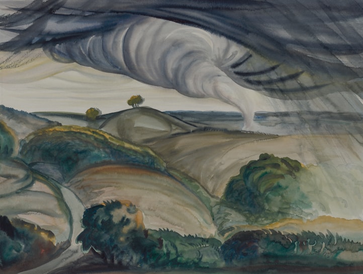 A swirling cloud formation dominates the sky over a rural landscape. Rolling hills and trees are depicted in the foreground, with a twisting funnel cloud suggesting a tornado in the distance. The composition conveys a sense of movement and impending weather conditions.