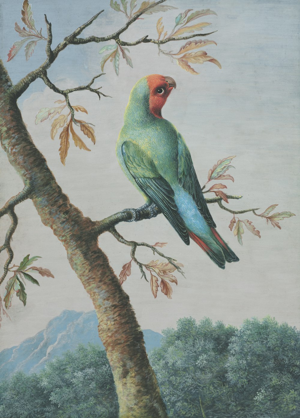 a painting of a parrot perched on a tree branch