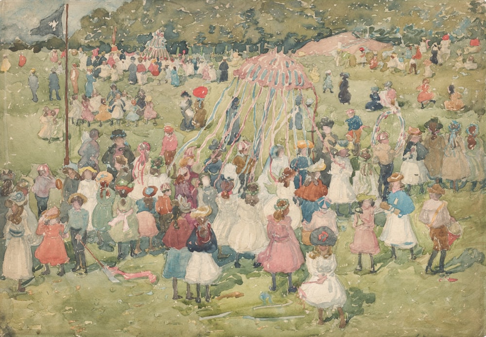 a painting of a crowd of people in a field