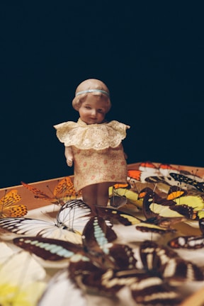 A vintage doll with a ceramic face and lace collar stands amidst a collection of colorful, detailed butterfly specimens. The butterflies feature a variety of patterns and colors, predominantly oranges, yellows, and browns. The scene is set against a dark background, creating a high contrast with the vivid colors of the butterflies and the light tones of the doll.