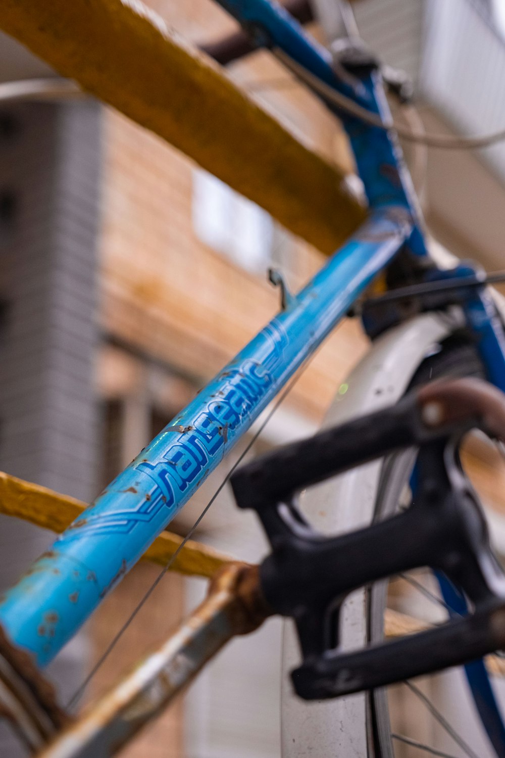 a close up of a bicycle with a blue handlebar