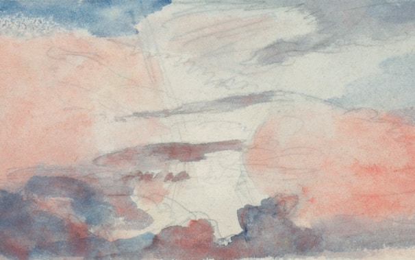 A watercolor painting with soft, abstract forms blending together in shades of blue and pink. The composition is fluid and dreamy, evoking a sense of tranquility.