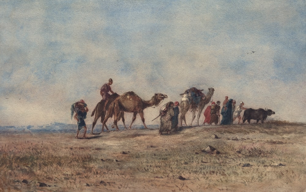 a painting of a group of people riding camels