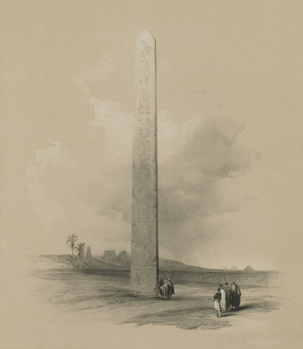 a drawing of a tall obelisk in a field