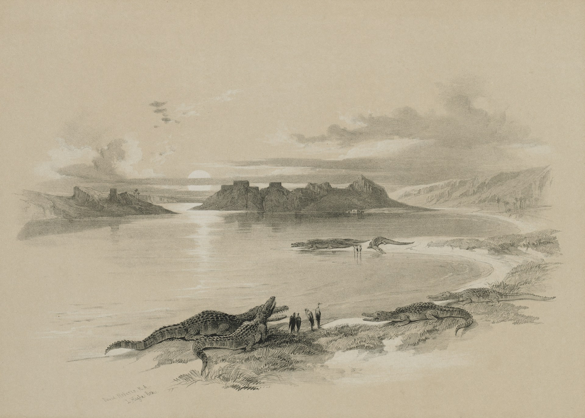A monochromatic painting depicts a serene lakeside scene with large reptiles, likely crocodiles, resting near the water. A group of people stands in the foreground observing the creatures. Rolling hills and rock formations surround the lake, and the sun appears to be setting behind cloud-filled skies.