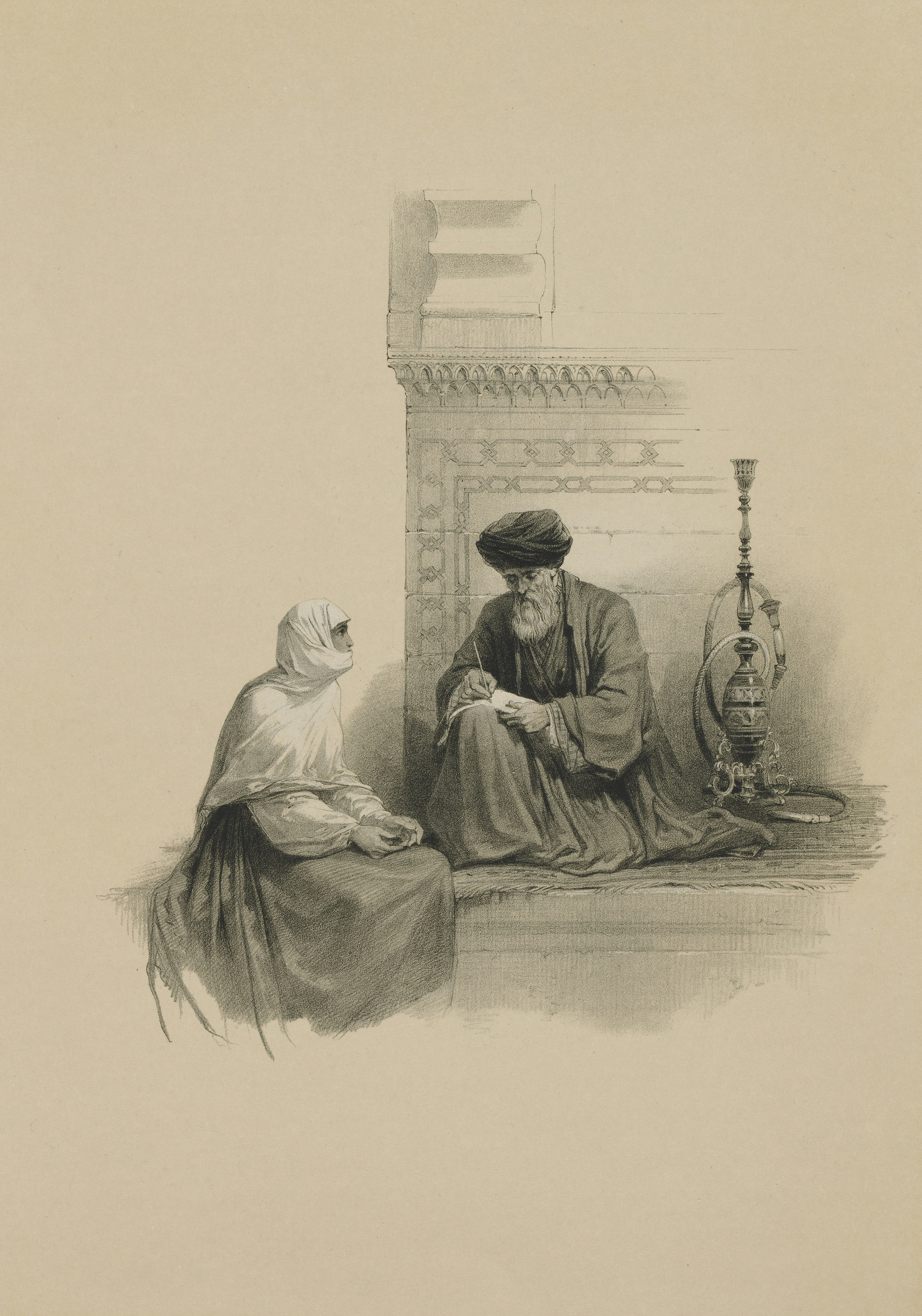 Egypt and Nubia, Volume III: The Letter-Writer, Cairo 1849 Louis Haghe (British, 1806–1885) published by F. G. Moon, 20 Threadneedle Street, London after David Roberts (Scottish, 1796–1864) England, 19th century Color lithograph Support: Wove paper Sheet: 45 x 43.8 cm (17 11/16 x 17 1/4 in.); Image: 35.2 x 24.8 cm (13 7/8 x 9 3/4 in.) Bequest of John Bonebrake 2012.248 Catalogue raisonné: Abbey 272:117 https://www.clevelandart.org/art/2012.248