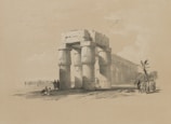 An illustration depicting ancient ruins with large stone pillars arranged in a rectangular structure. The architectural style suggests it is a historical temple or monument from an ancient civilization. Several figures are present, some sitting and others walking, dressed in clothing typical of an earlier period, indicating a cultural or archaeological theme. Birds are seen flying above in the sky and a few trees are scattered around, contributing to a serene landscape.