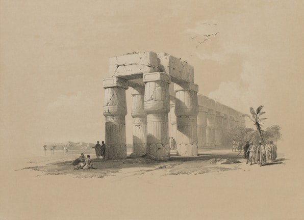 An illustration depicting ancient ruins with large stone pillars arranged in a rectangular structure. The architectural style suggests it is a historical temple or monument from an ancient civilization. Several figures are present, some sitting and others walking, dressed in clothing typical of an earlier period, indicating a cultural or archaeological theme. Birds are seen flying above in the sky and a few trees are scattered around, contributing to a serene landscape.