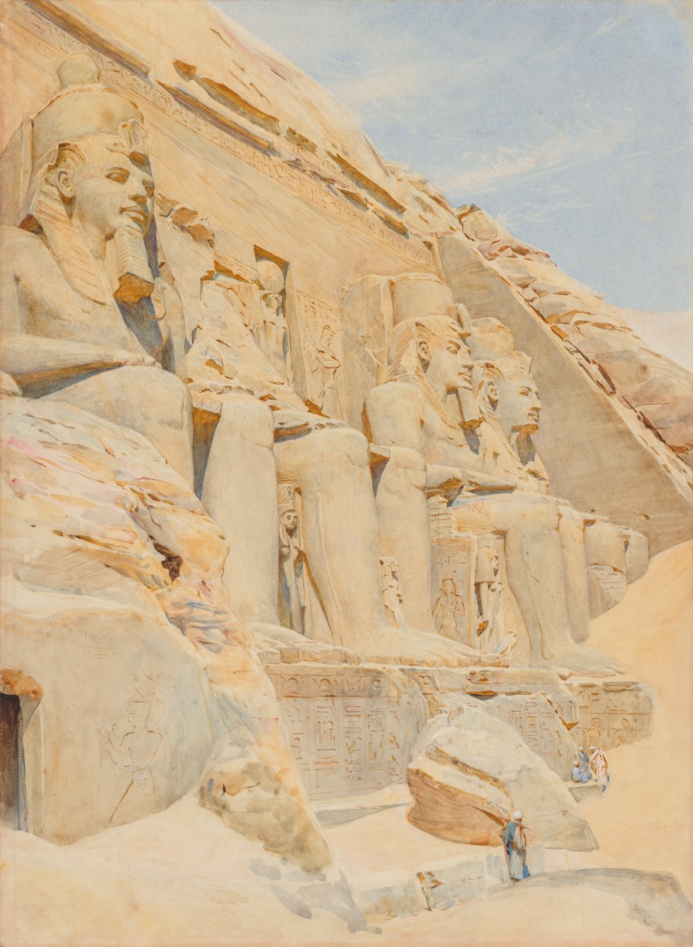 a painting of a group of statues in the desert