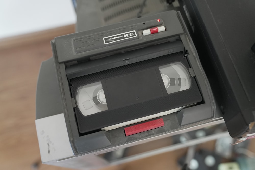 a close up of a tape recorder on a table
