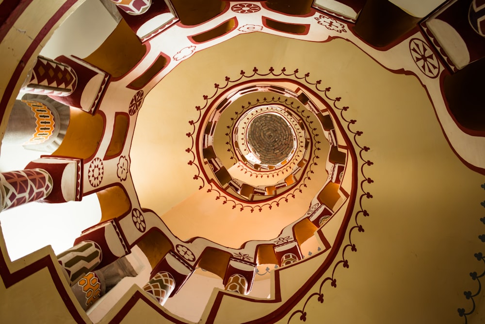 a spiral view of a building with a clock on it