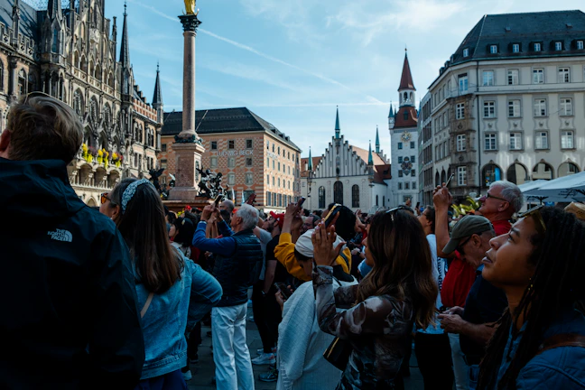 Students on a lively excursion posing with historic landmarks in Europe