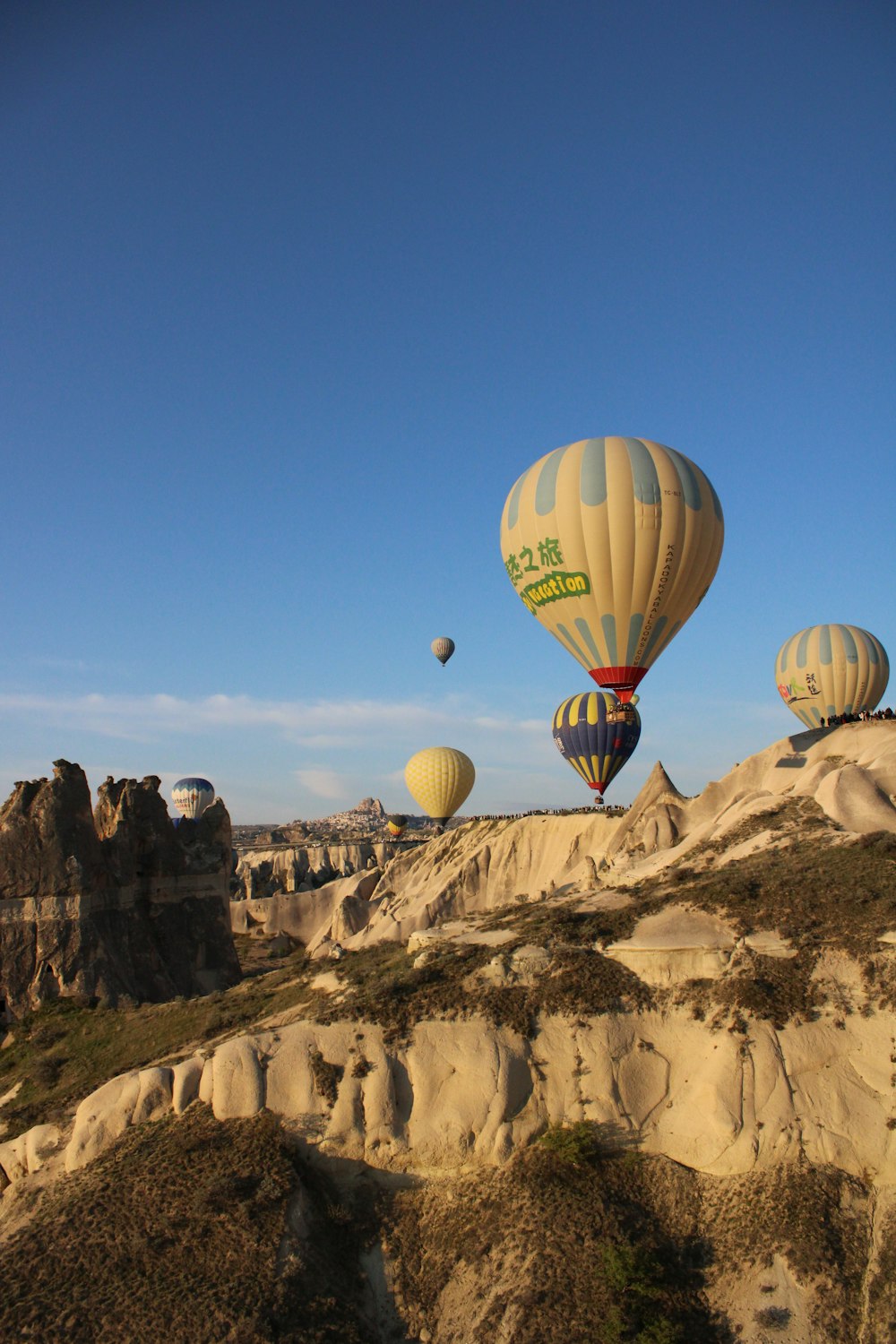 a group of hot air balloons flying over a rocky landscape