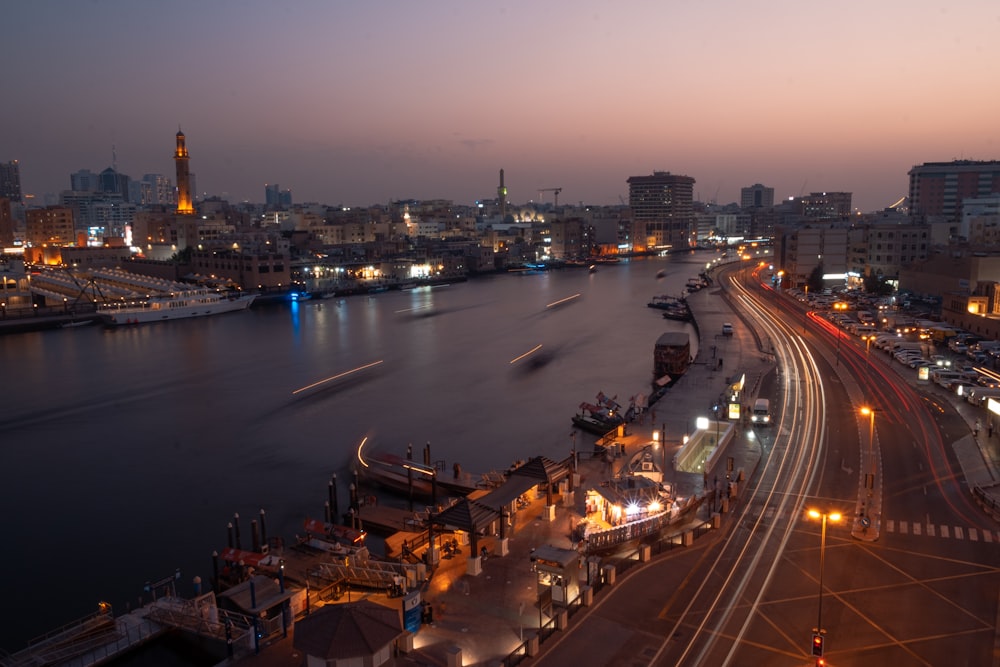 a view of a river and a city at night