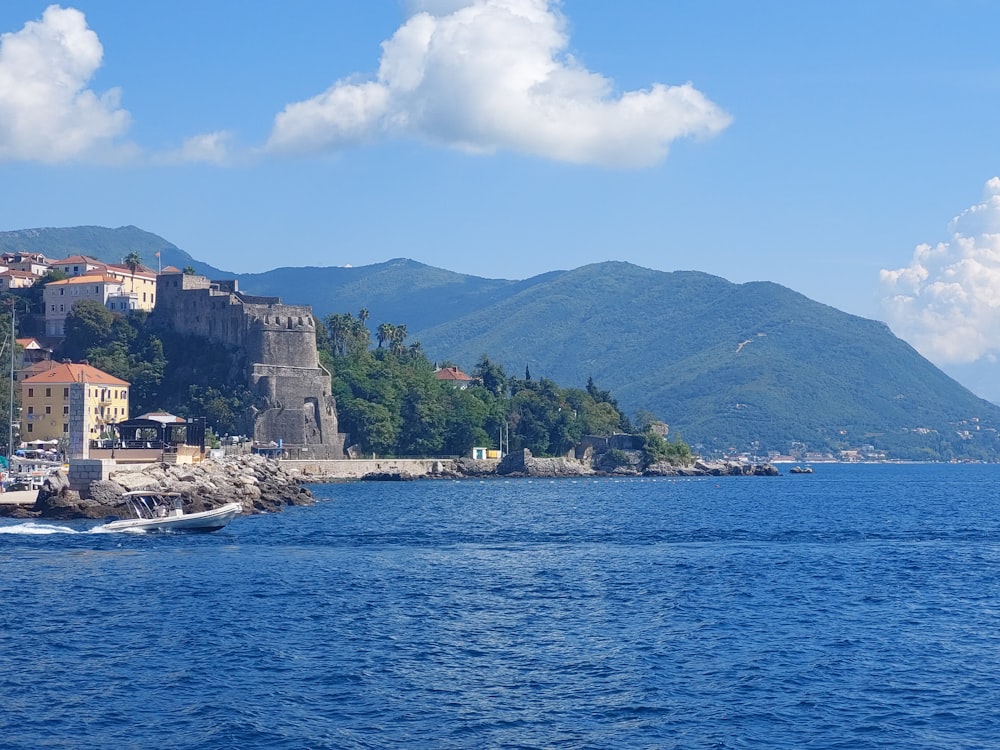 a body of water with a small town on a hill in the background