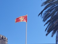 A red flag with an emblem is flying high on a flagpole against a clear blue sky. The flag features a yellow border and a golden emblem in the center. A section of a stone tower is visible in the lower-left corner, and to the right, there are fronds of a palm tree extending into the frame.