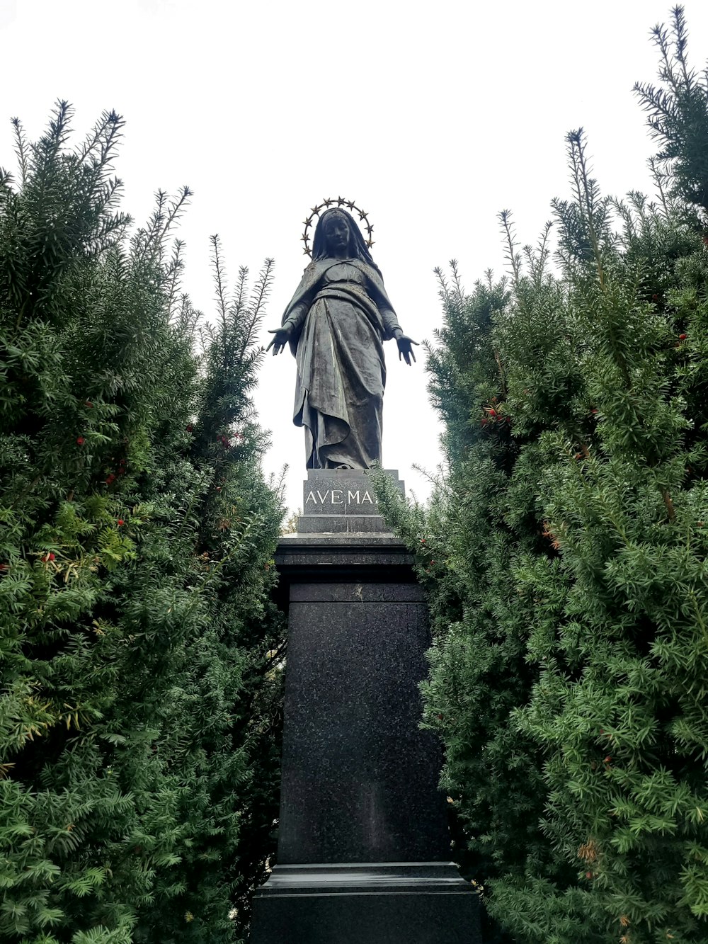 a statue of jesus surrounded by trees and bushes