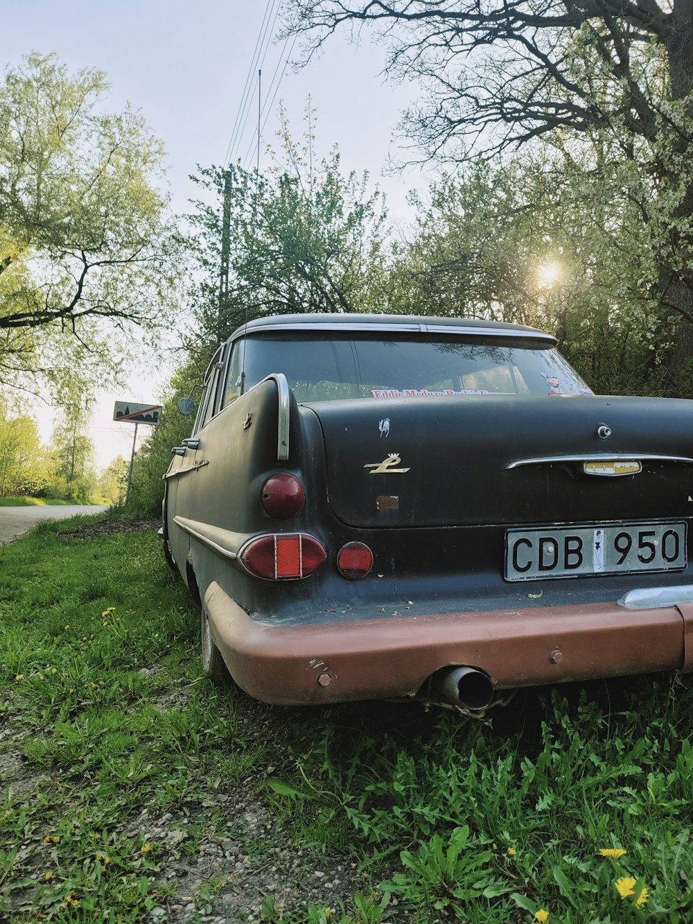 a car parked in the grass near a tree
