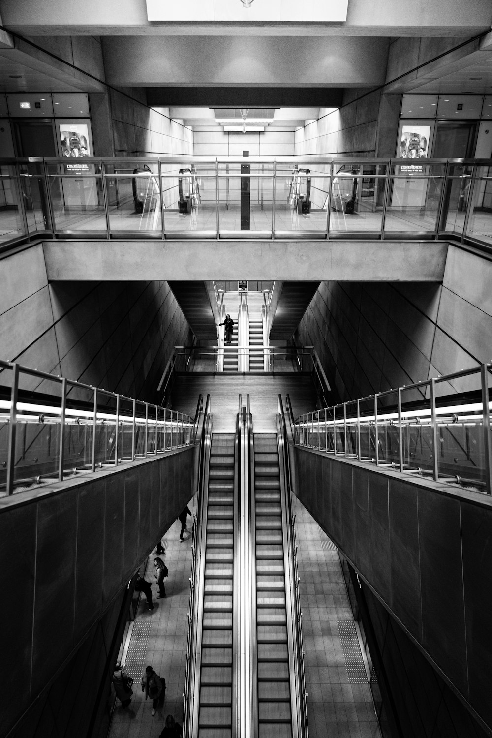 a black and white photo of escalators in a building