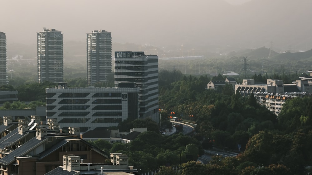 a view of a city with tall buildings