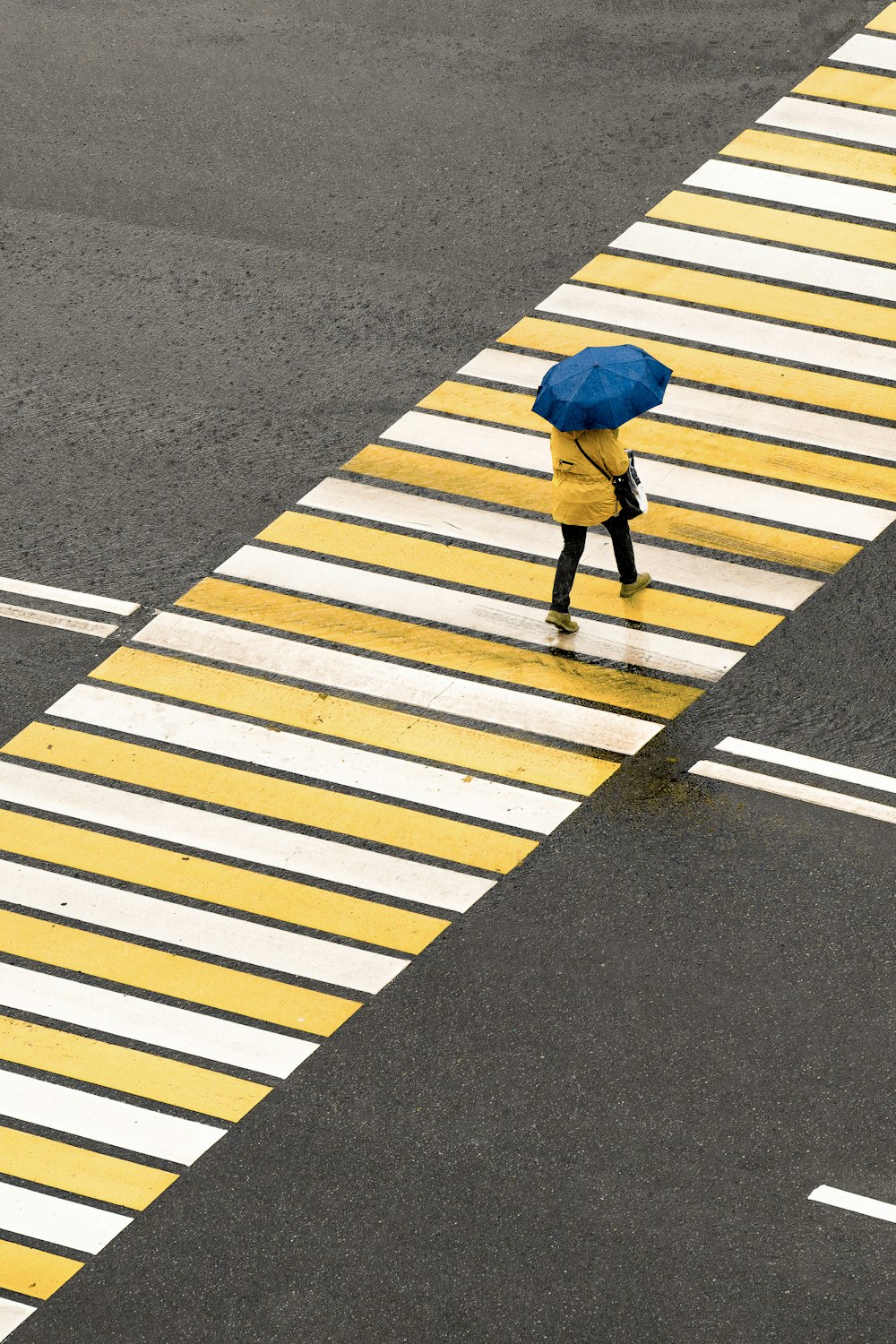 a person with a blue umbrella crossing a street