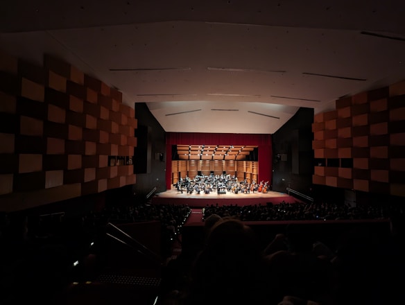 An auditorium featuring a symphony orchestra performing on stage with musicians in formal attire. The stage is illuminated, showcasing a wooden backdrop and a variety of instruments. The large hall is filled with an audience in a dimly lit area.