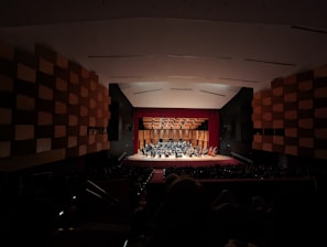 An auditorium featuring a symphony orchestra performing on stage with musicians in formal attire. The stage is illuminated, showcasing a wooden backdrop and a variety of instruments. The large hall is filled with an audience in a dimly lit area.