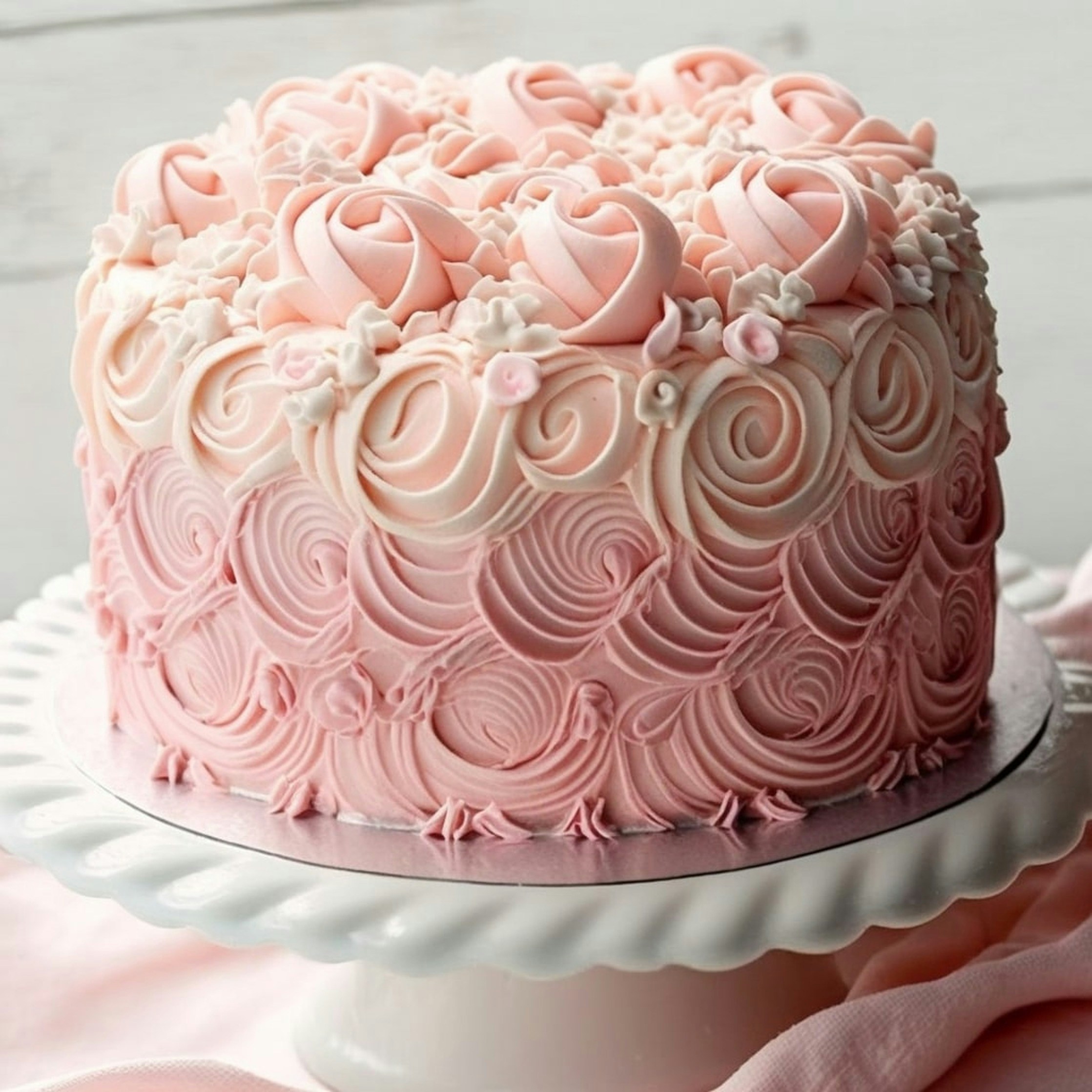 Pastel pink and lavender ombre buttercream cake with fresh flowers on top